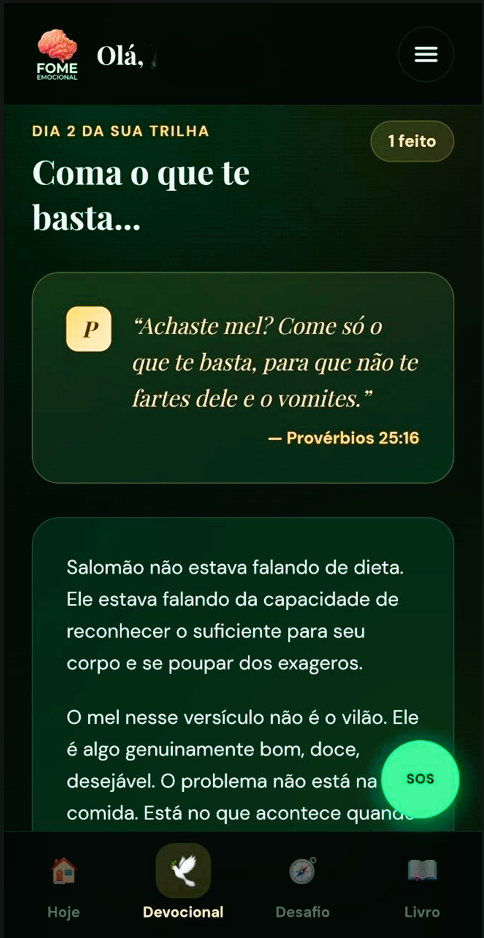 Tela do devocional diário no app Fome Emocional