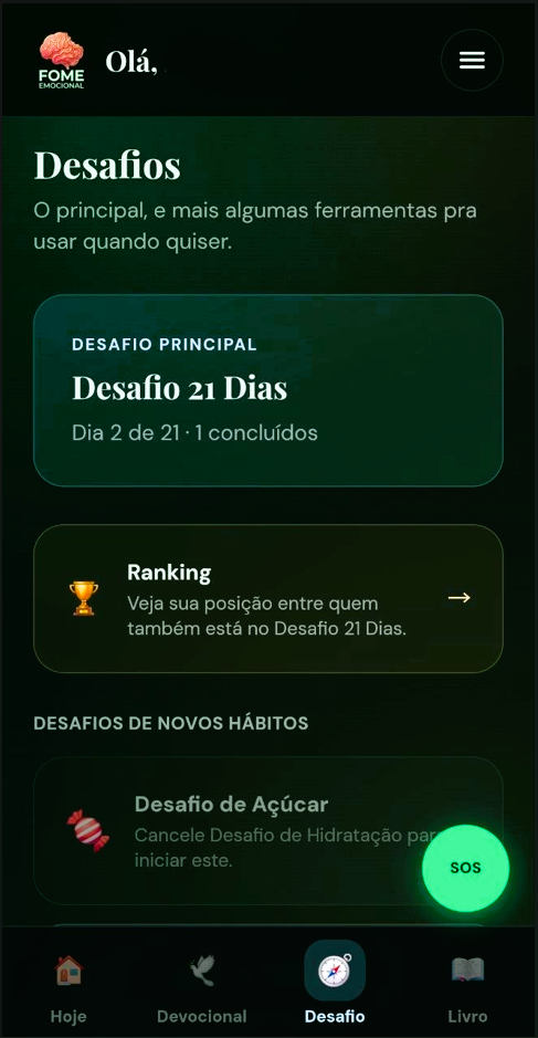 Tela de Desafios do app Fome Emocional